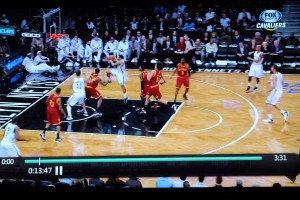 Rise and dish.  Humphries is fouled by Varejao on the layup.  Varejao was the only one playing defense here.