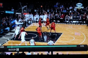 This is Kyrie's man, but TT is the one challenging.  Kyrie should be elevating too here.  2 points, Williams.