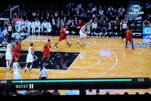 Here Kyrie is guarding Williams who is off screen, about 32 feet from the basket.  Kyrie's square to the sideline.  This is horrible positioning.